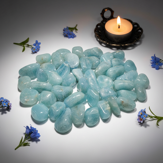 Cluster of aquamarine tumbled stones with blue flowers and candle props