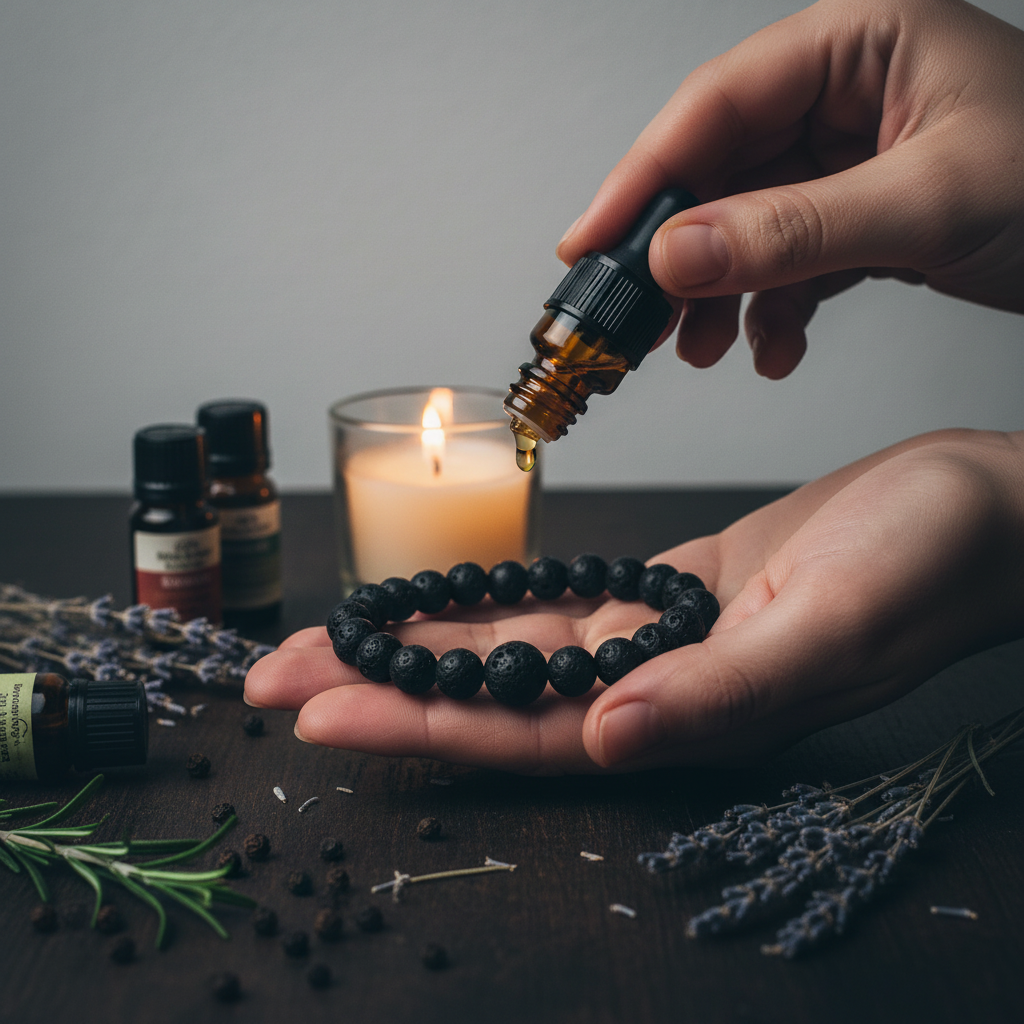 Hands dropping essential oil onto lava stone bracelet beads showing aromatherapy diffuser use