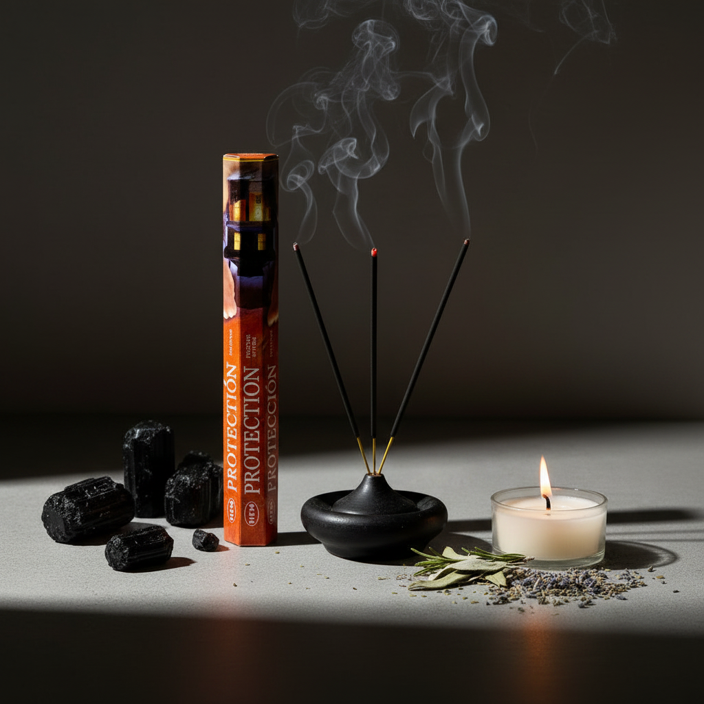 HEM Protection incense sticks lifestyle shot - burning sticks with smoke and hexagonal box