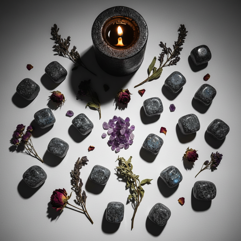 Flat lay of larvikite tumbled stones with amethyst chips, botanicals and candle props