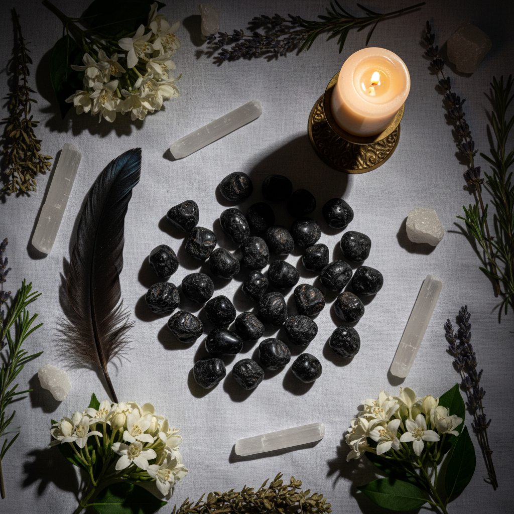 Apache Tears flat lay top-down with white flowers, feather, herbs and candlelight