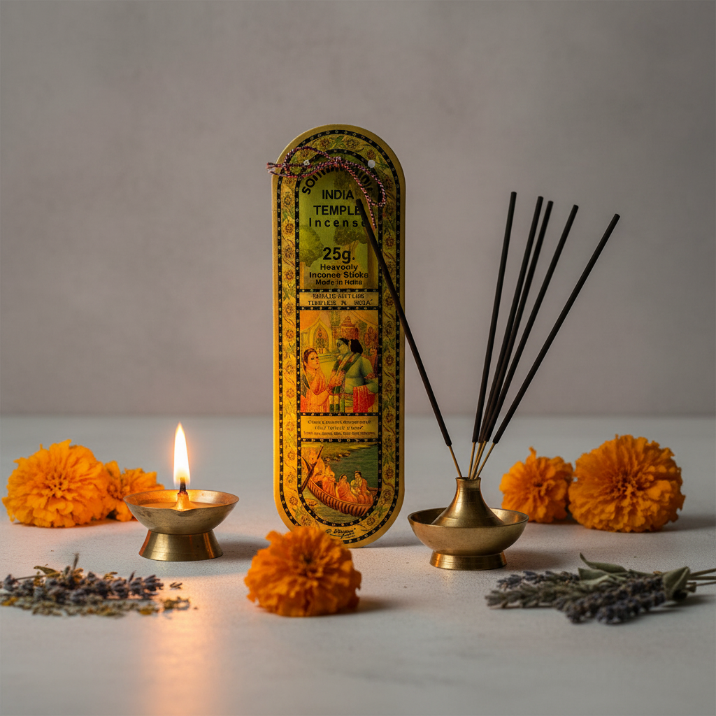 Song of India Temple Incense oval gold pack standing upright with marigolds, diya and incense sticks