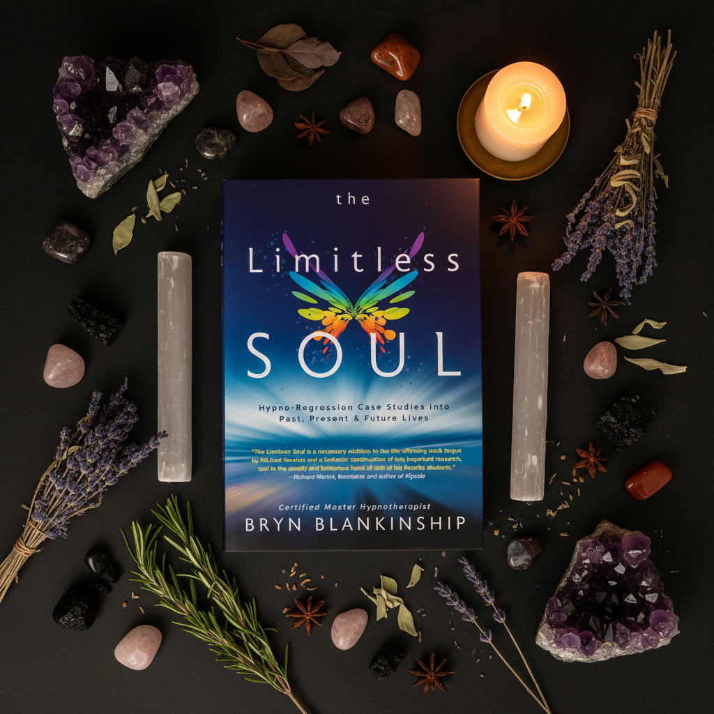 The Limitless Soul by Bryn Blankinship - dark luxe flat lay top-down with crystals and candle