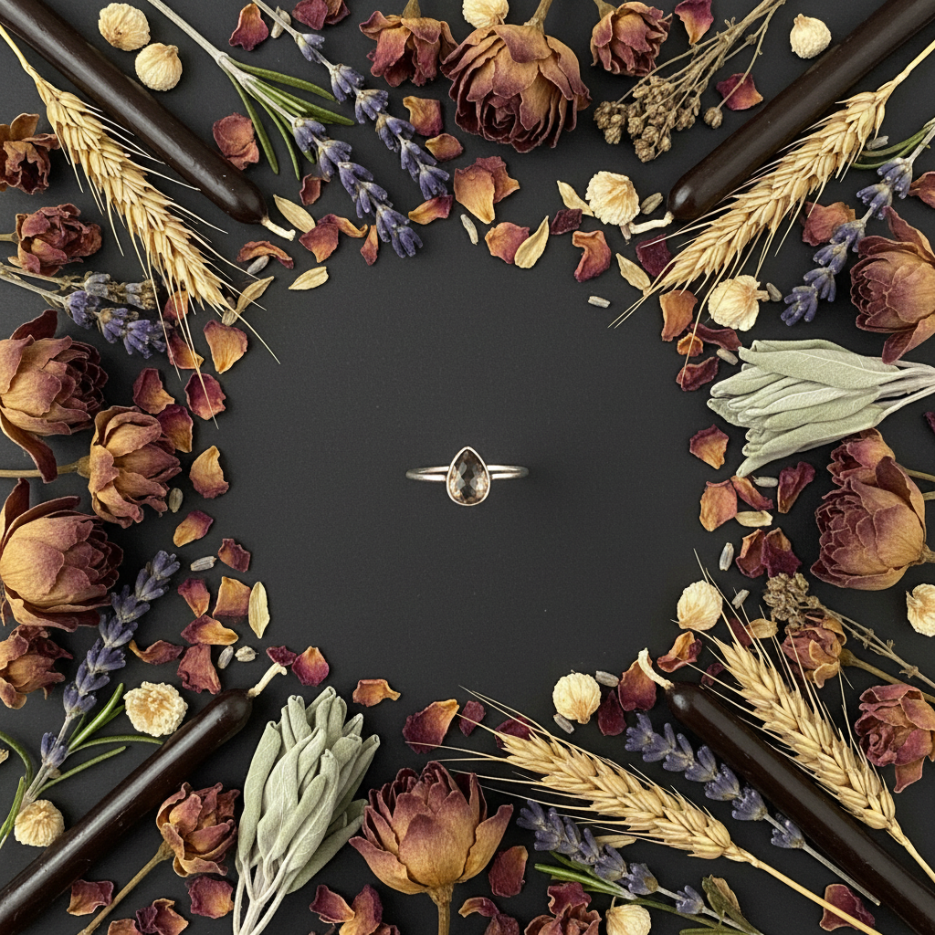 Smoky quartz teardrop ring flat lay with brown petals, golden wheat, sage and dark candles on dark charcoal background