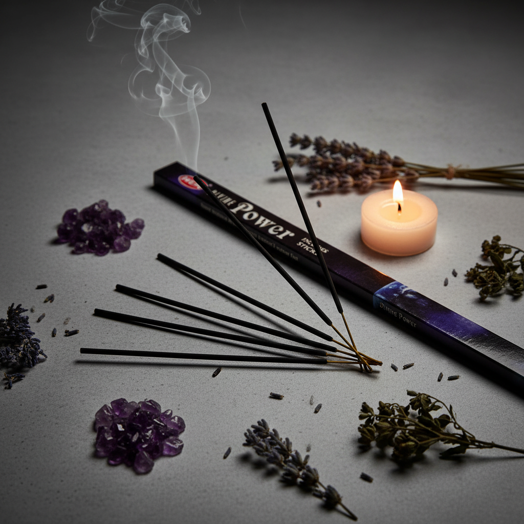 HEM Divine Power incense stick burning with smoke, amethyst chips and candle props