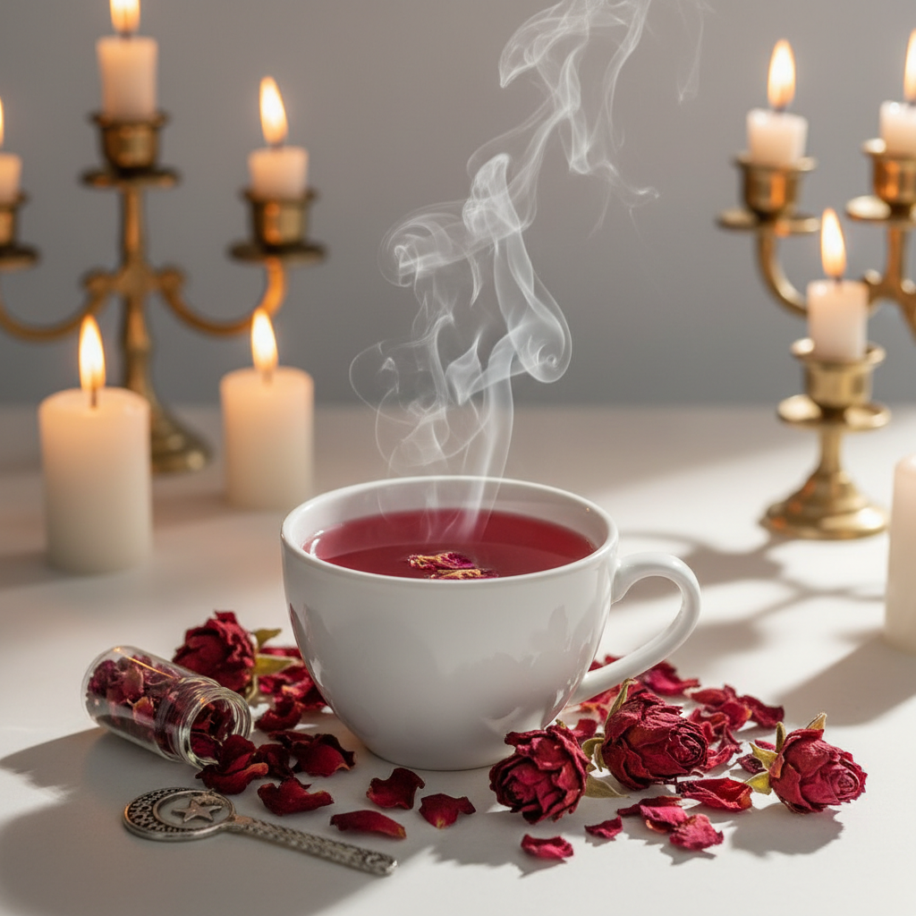 Red rose petal herbal tea steaming cup lifestyle shot
