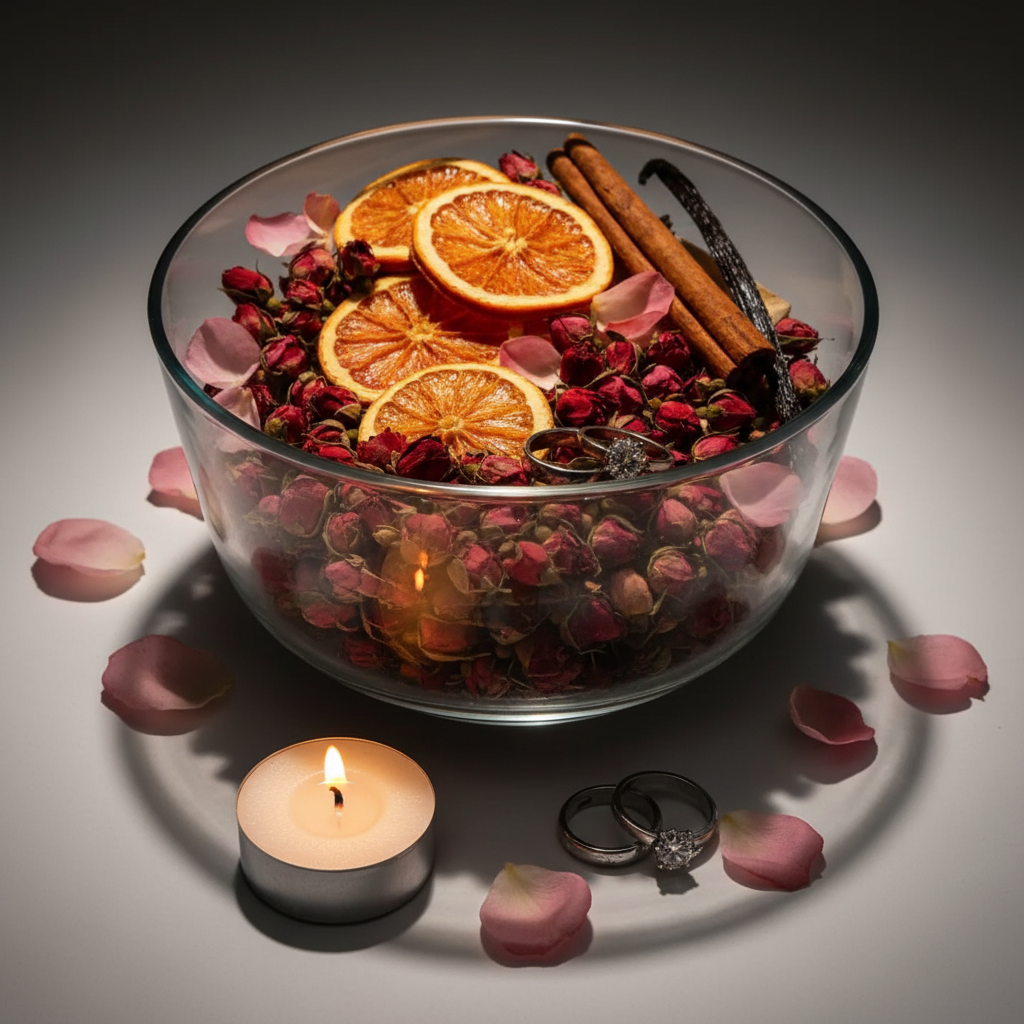 Happily Ever After simmer pot blend with orange slices, rose buds, cinnamon and rings