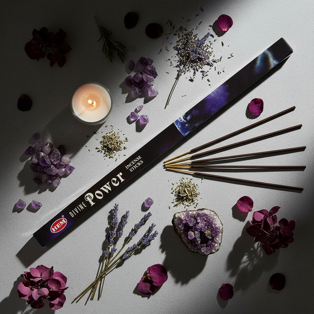 Flat lay of HEM Divine Power incense sticks and box with lavender, amethyst and candle props