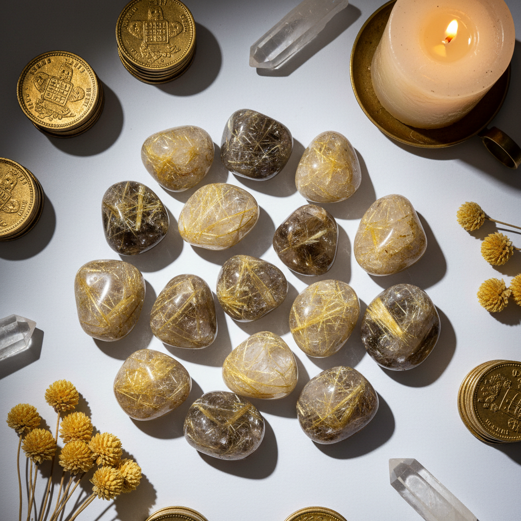 Rutilated quartz tumbled stones flat lay top-down with gold coins, flowers and candlelight