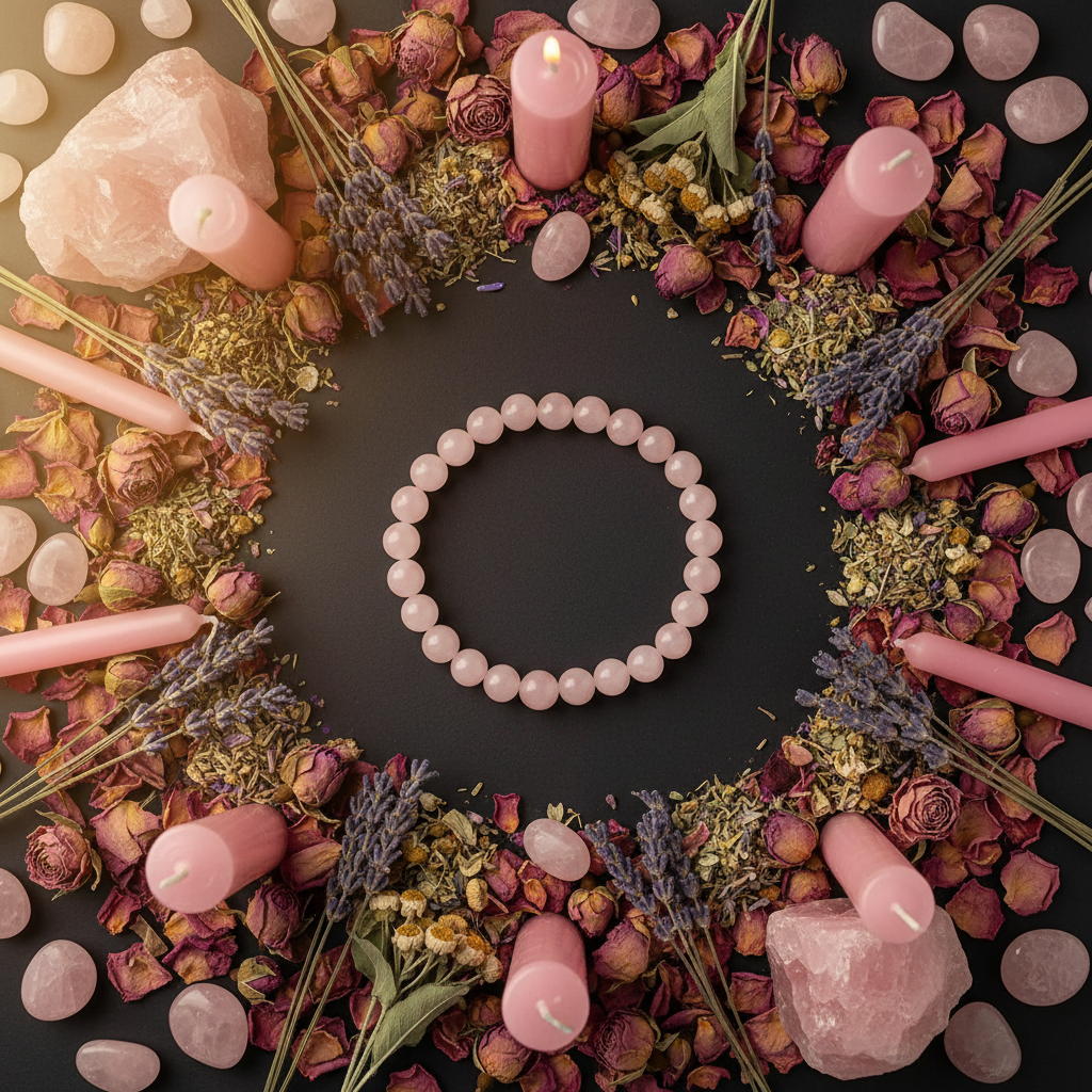 Rose Quartz beaded bracelet flat lay with raw rose quartz, rose petals, lavender and candles on dark charcoal background