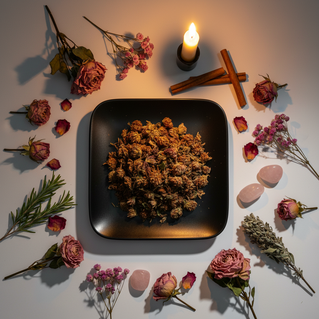 Red Clover Blossoms flat lay with flowers and candle