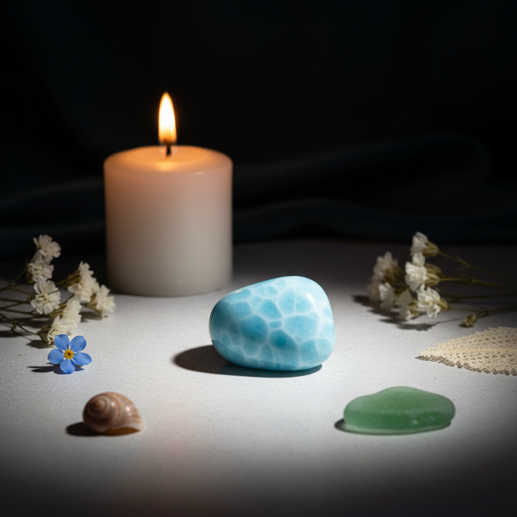 Single Larimar tumbled stone with white flowers, seashell and candle in warm candlelight