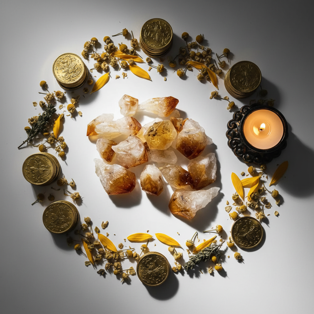 Flat lay of citrine natural points with gold coins, sunflower petals and candle props