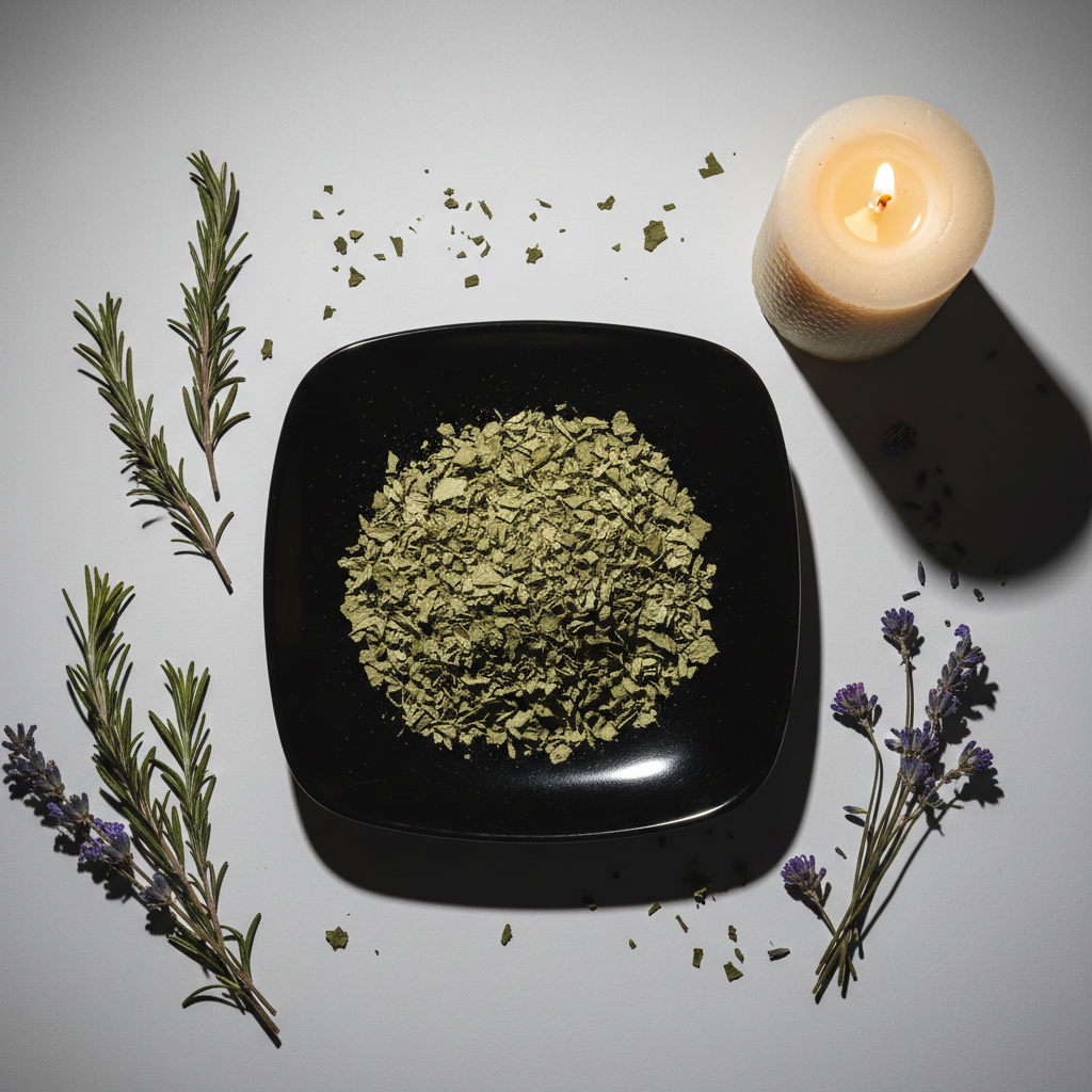 Dried skullcap leaf on black plate with herbs, candle and purple flowers flat lay