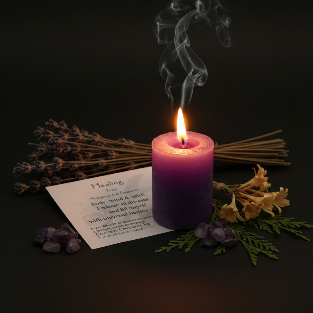 Purple healing votive candle burning with flame and lavender and amethyst props