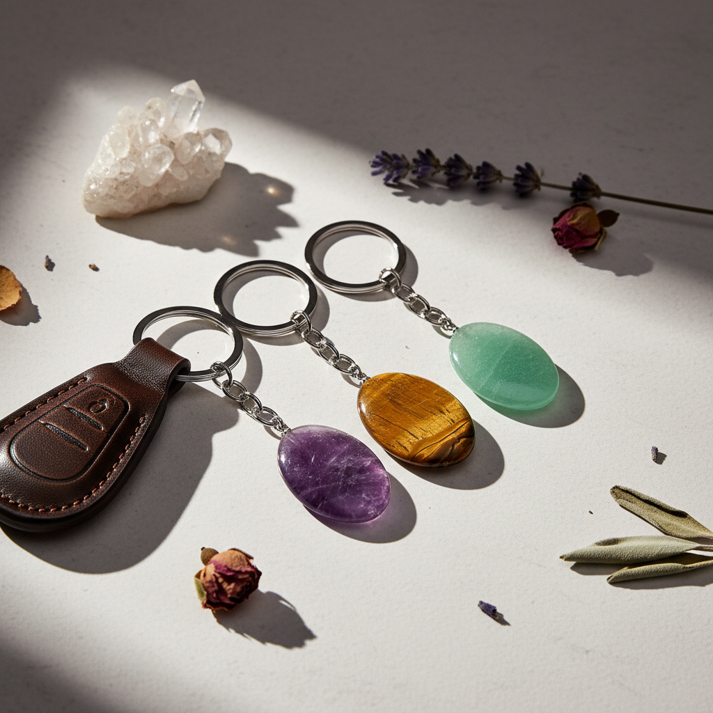 Crystal keychains with amethyst, tiger's eye and green aventurine stones styled with crystals and dried flowers