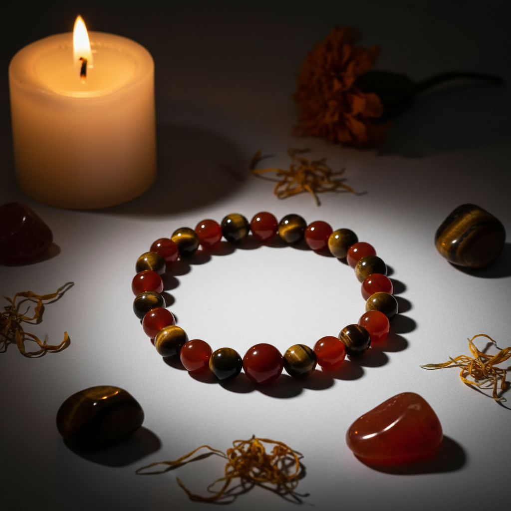 Carnelian and Tiger Eye bracelet hero shot with stones and candlelight