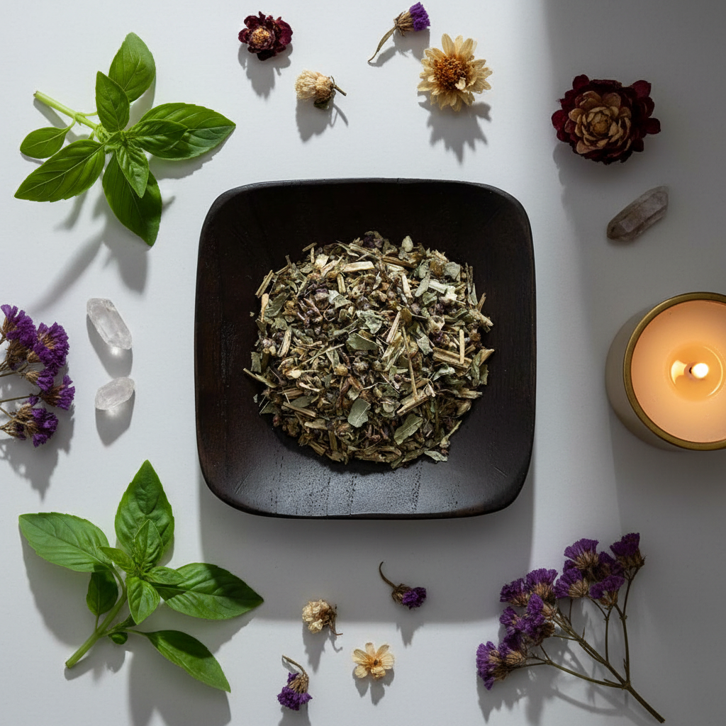 Flat lay of Tulsi Holy Basil herbs on black plate with crystals and candle props