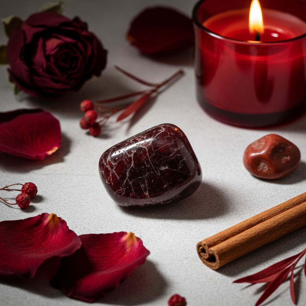 Single garnet tumbled stone with rose petals, red jasper, dried botanicals and dark candle in warm candlelight