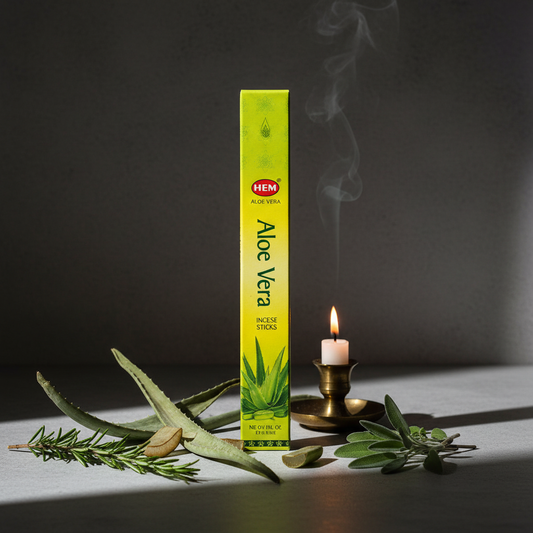 Hem Aloe Vera incense sticks hero shot - packaging upright with herbs and candlelight