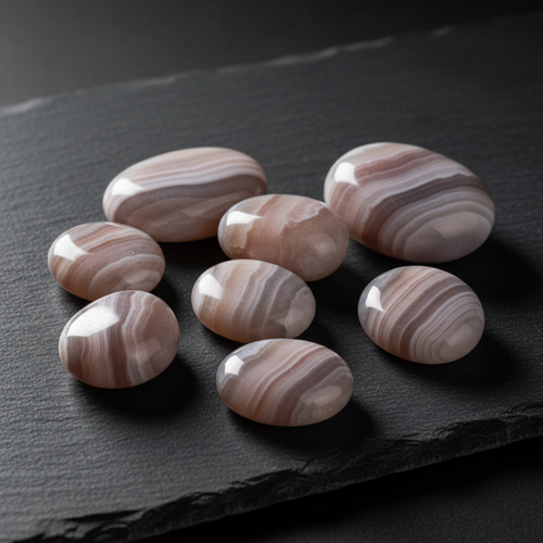 Botswana Agate tumbled stones with soft pink, grey, and cream banding on a dark slate surface