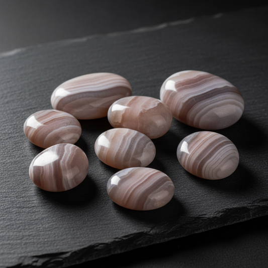 Botswana Agate tumbled stones with soft pink, grey, and cream banding on a dark slate surface