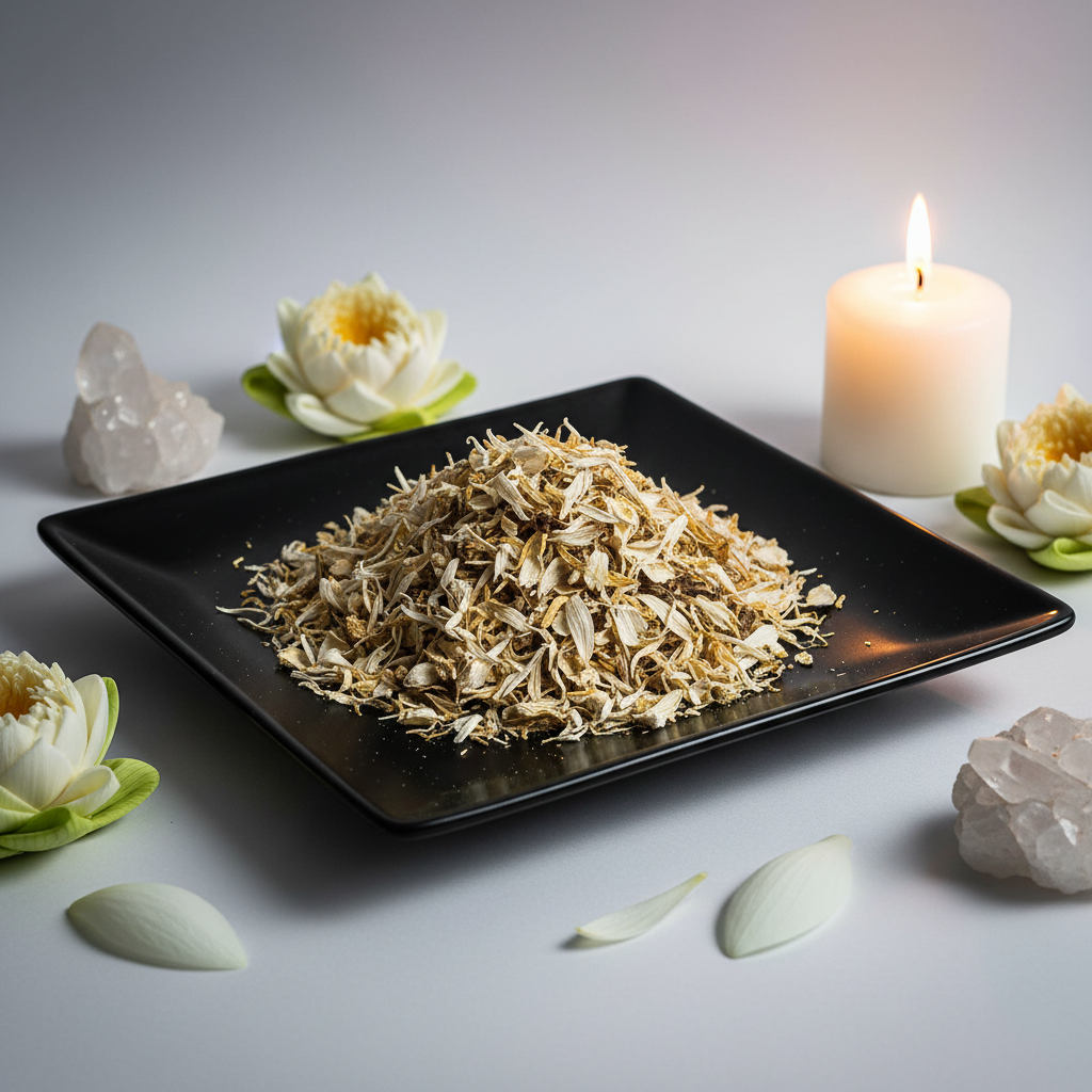 White Egyptian Lotus dried herbs on black ceramic plate with white lotus flowers and candle