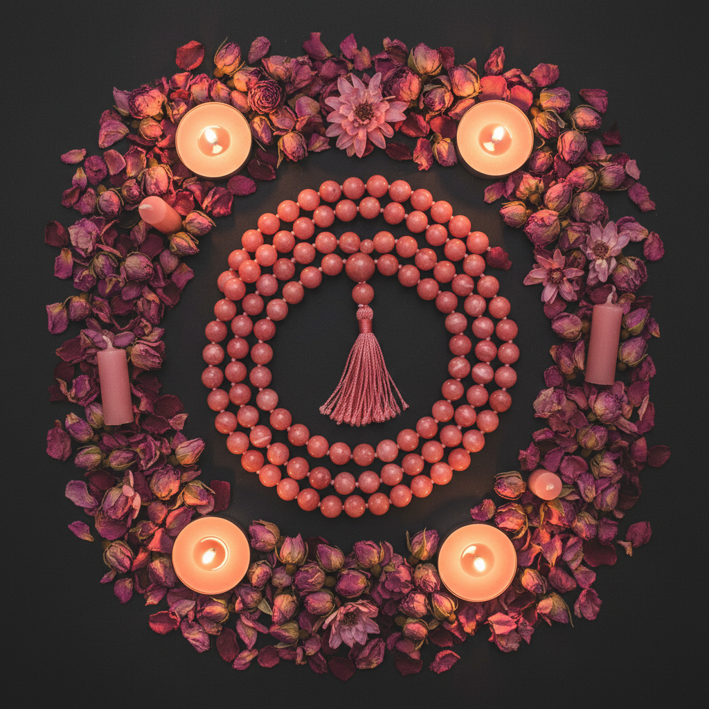 Rhodochrosite mala arranged in circle with pink rose petals, rosebuds and pink candles on dark charcoal background