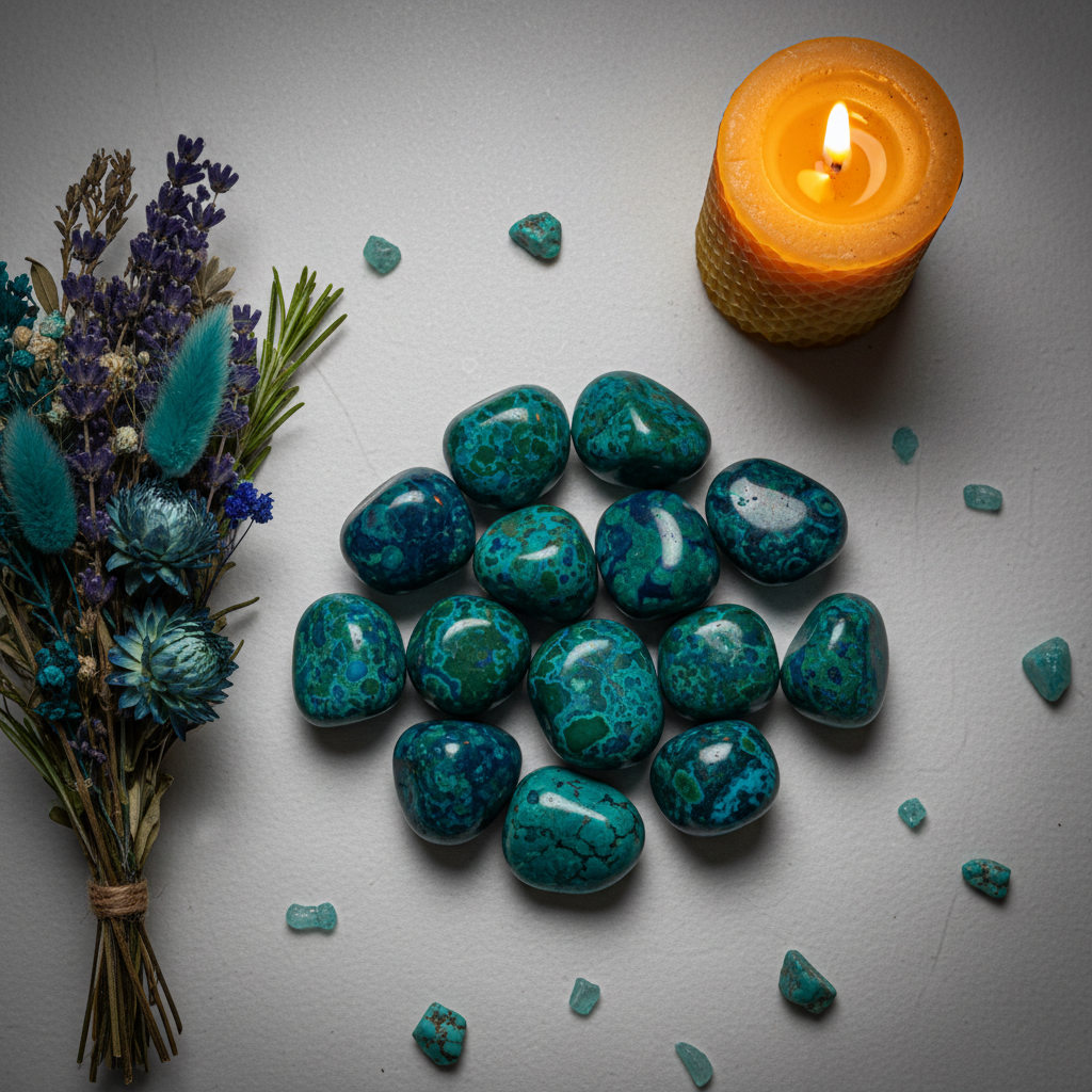 Chrysocolla tumbled stones flat lay top-down with teal flowers, herbs and candlelight