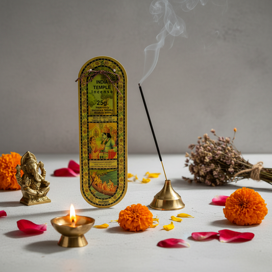 India Temple Incense pack with burning stick, brass diya, Ganesha figurine and marigold flowers in candlelight