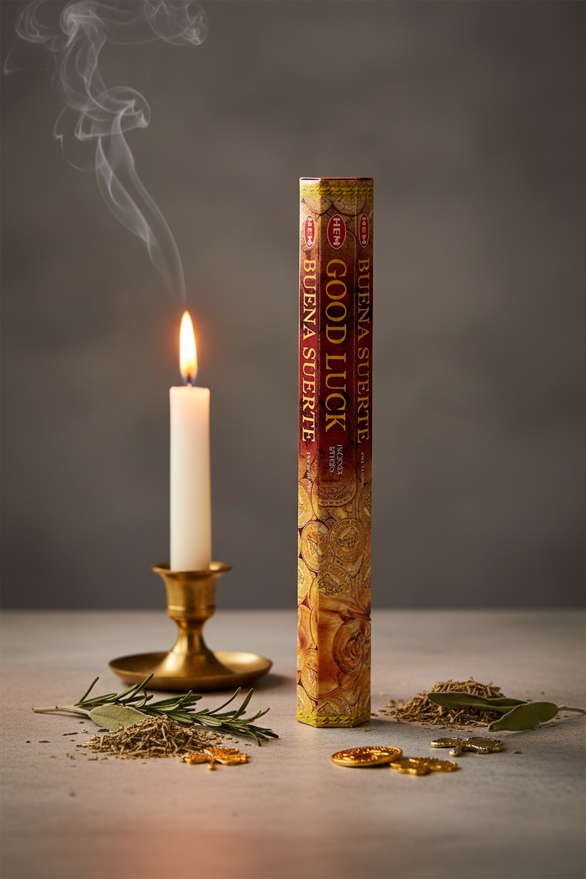 HEM Good Luck incense hex box hero shot with gold coins, herbs and candlelight