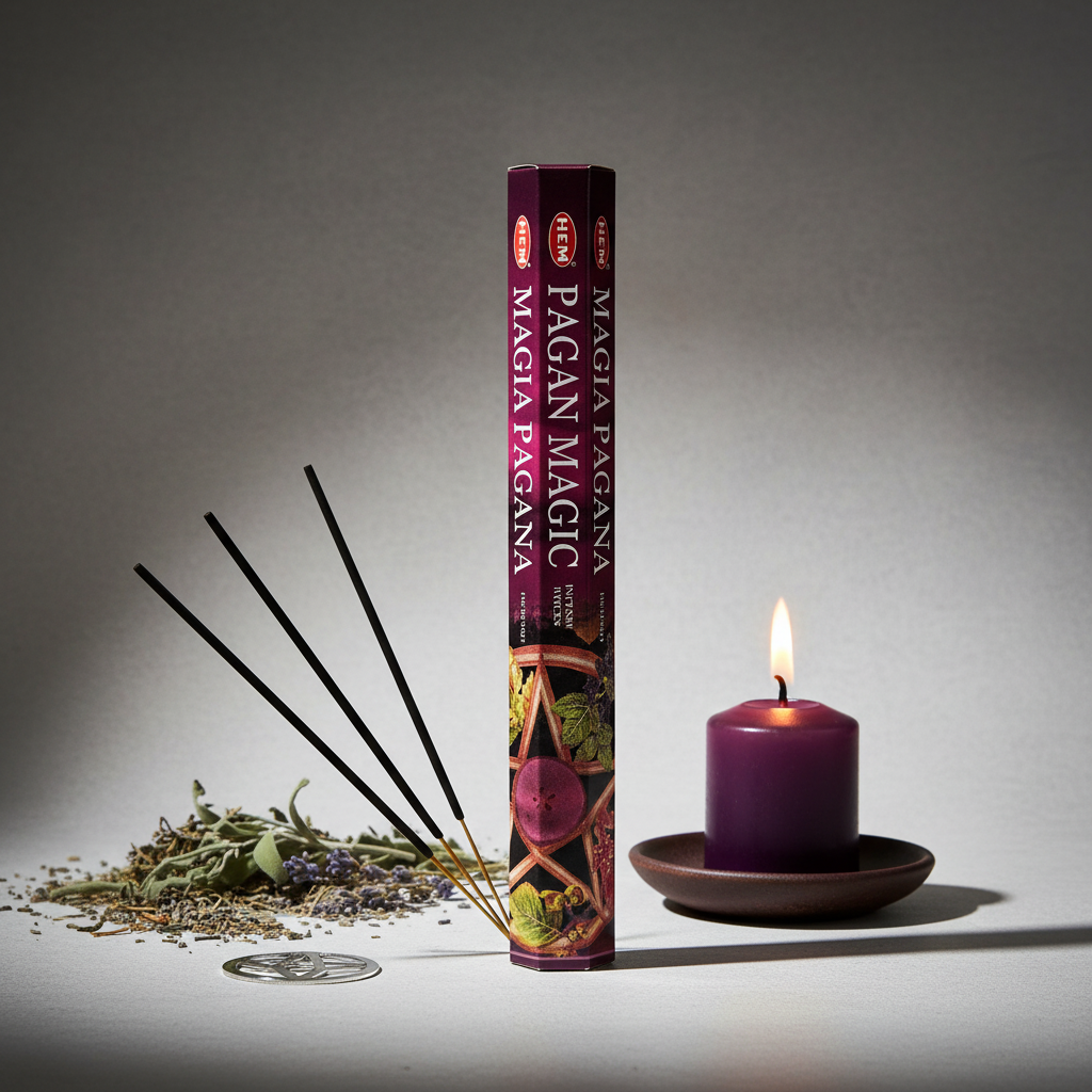 HEM Pagan Magic incense hex tube standing upright with pentacle, dried herbs and purple candle
