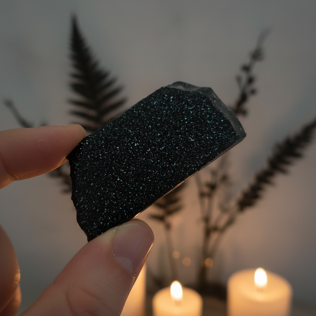 Hand holding Michigan Specularite Hematite slab showing silver teal metallic sparkles in moody candlelight