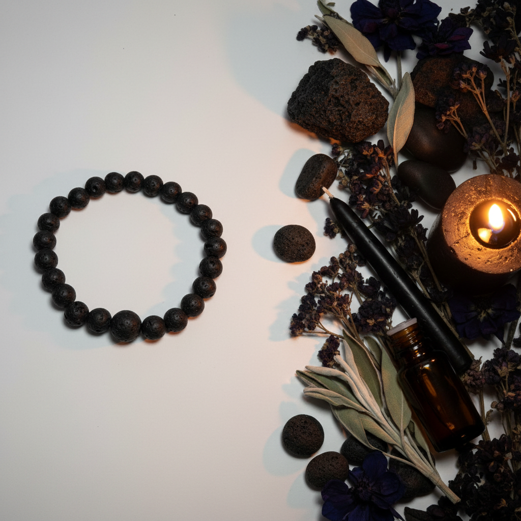 Lava stone 8mm beaded stretch bracelet with raw lava rock, essential oil bottle and dark botanicals on light grey background