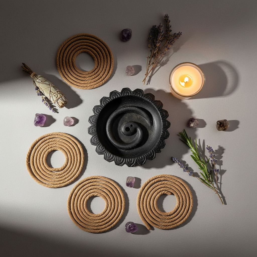 Black ceramic rope incense burner flat lay with coiled rope incense, crystals and candle