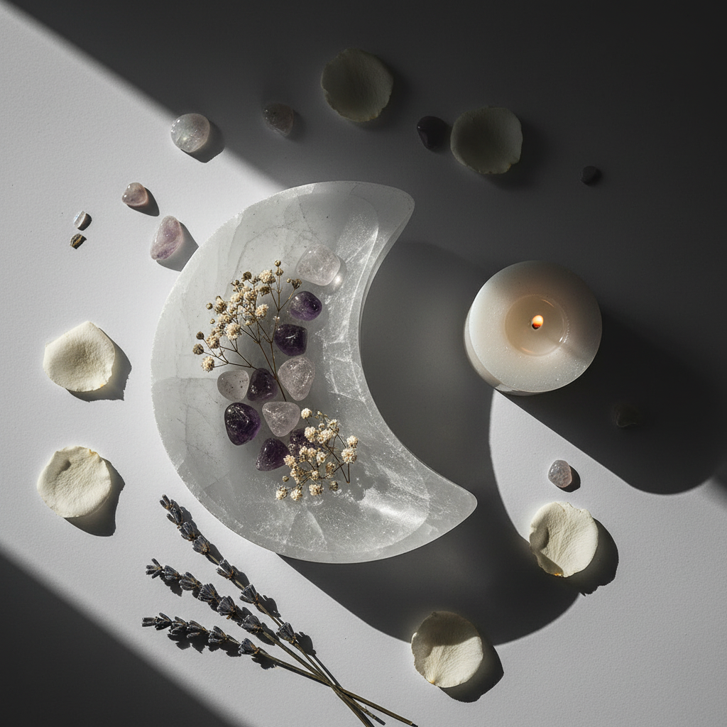 Flat lay of selenite moon bowl with moonstone chips, lavender and white rose petals