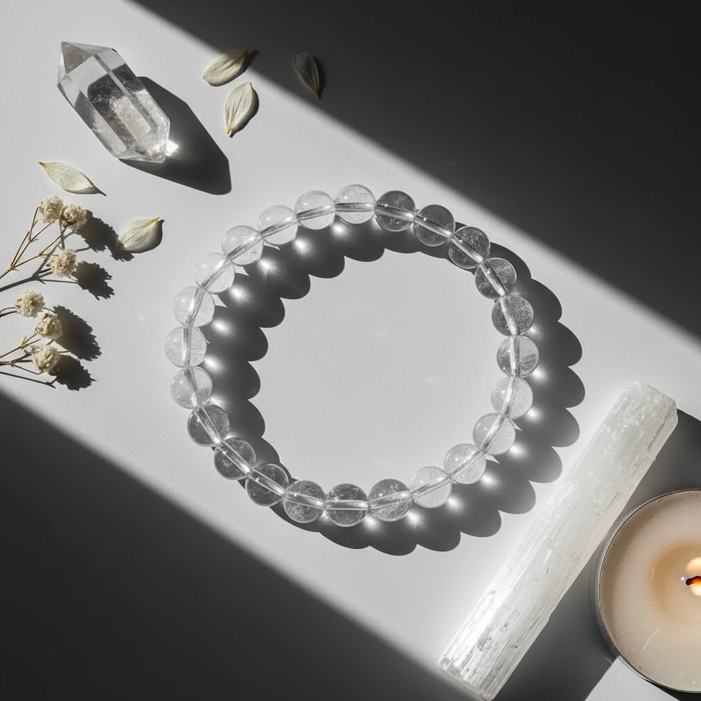 Flat lay of clear quartz bracelet with crystal point, white flowers, selenite and candle on light grey background