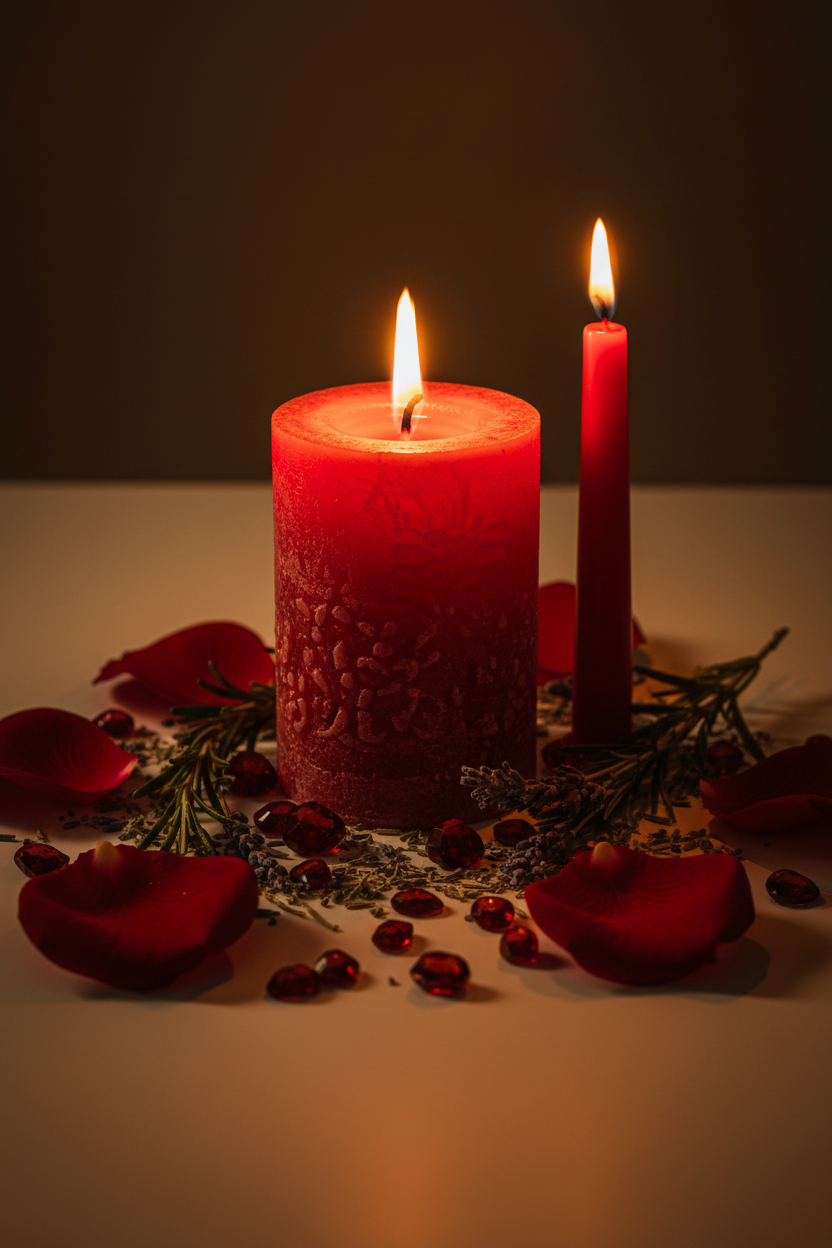 Attraction love spell candle lifestyle shot lit