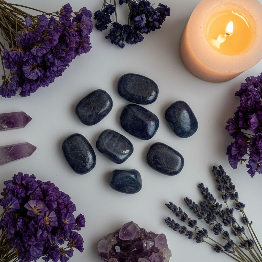 Iolite tumbled stones flat lay top-down with purple flowers, lavender and candlelight