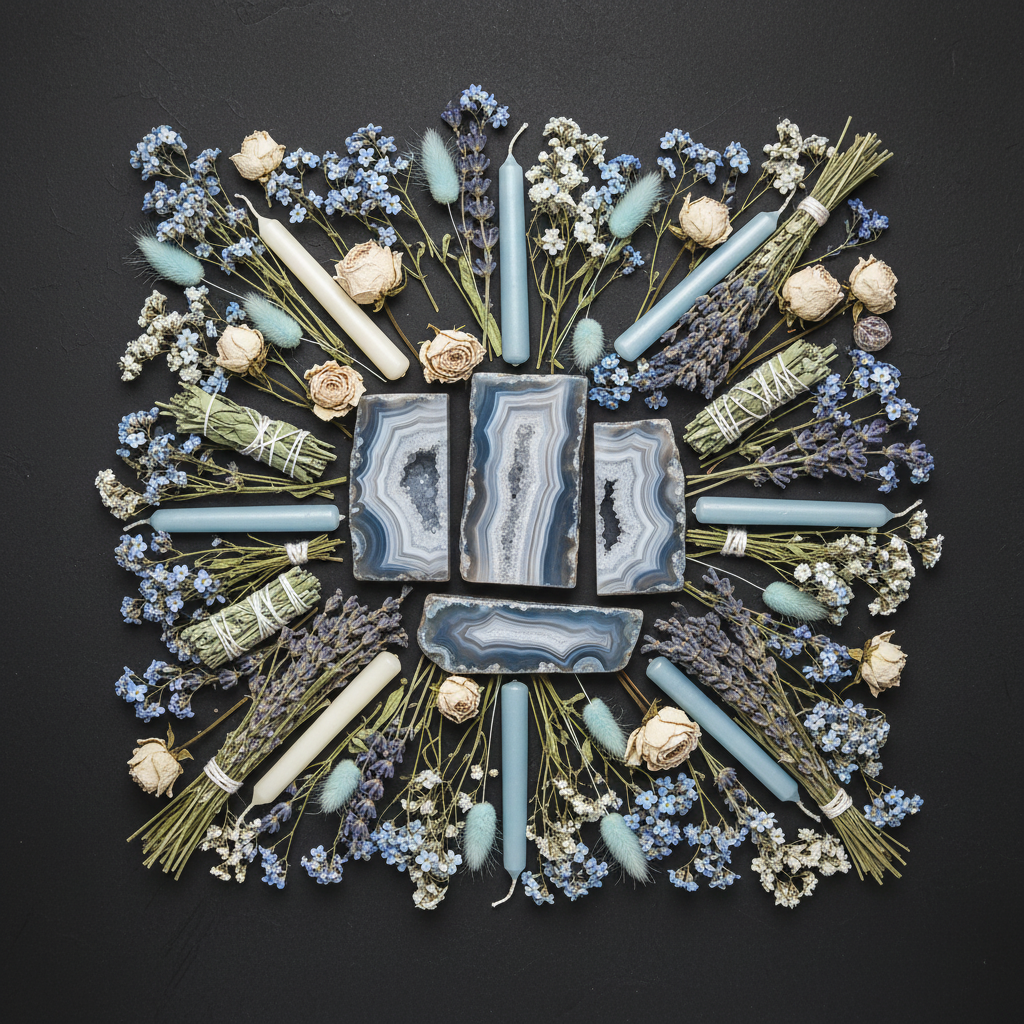 Flat lay with raw blue lace agate pieces, dried pale blue and white flowers, botanicals and white candles on dark charcoal background