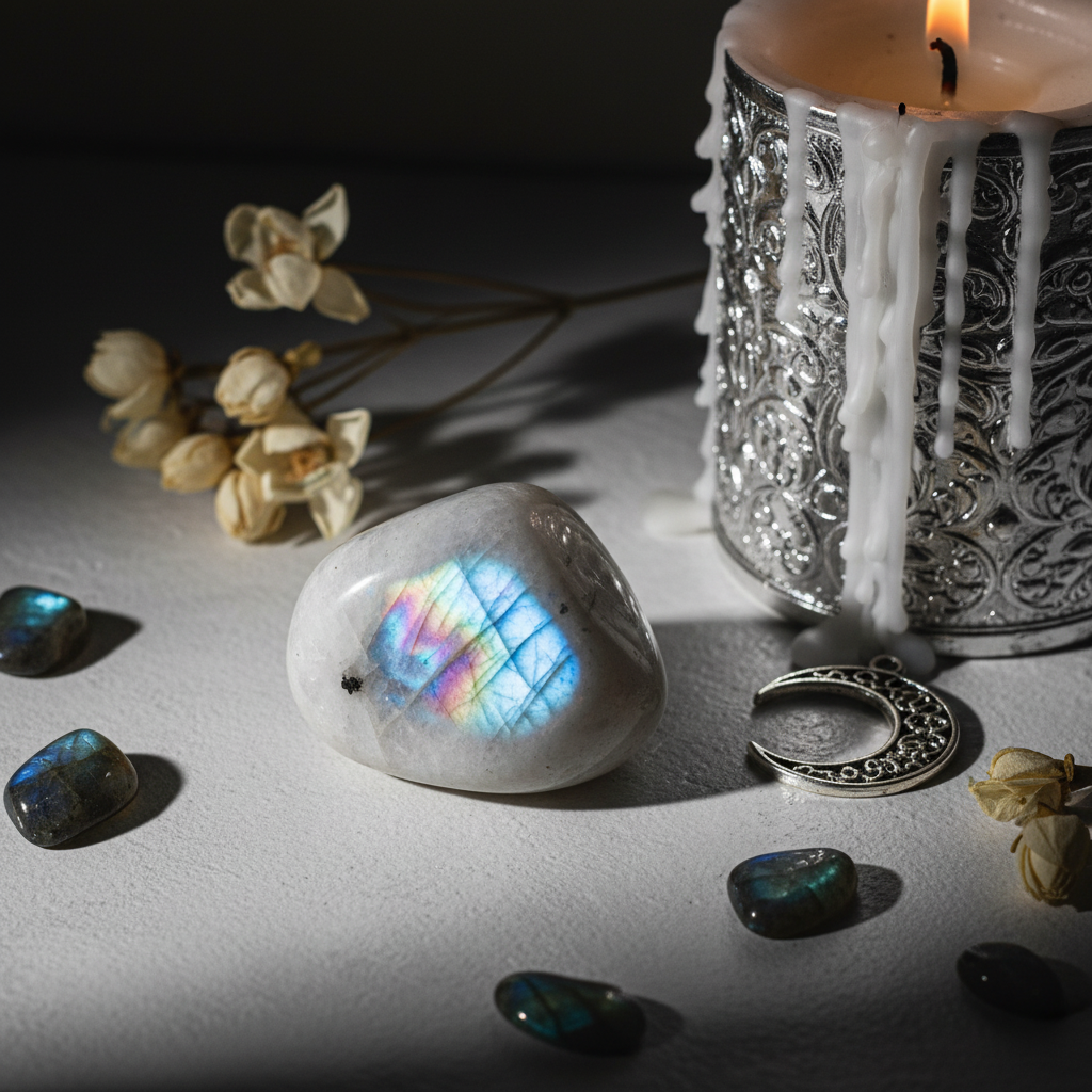 Single rainbow moonstone tumbled stone with rainbow flash, white flowers and moon charm props