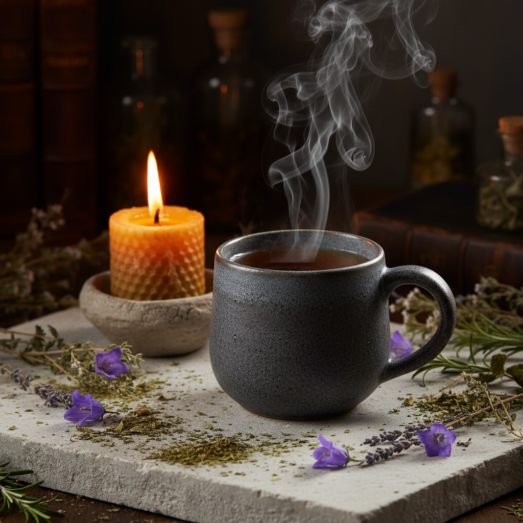 Steaming cup of skullcap leaf herbal tea with dried herbs and candlelight