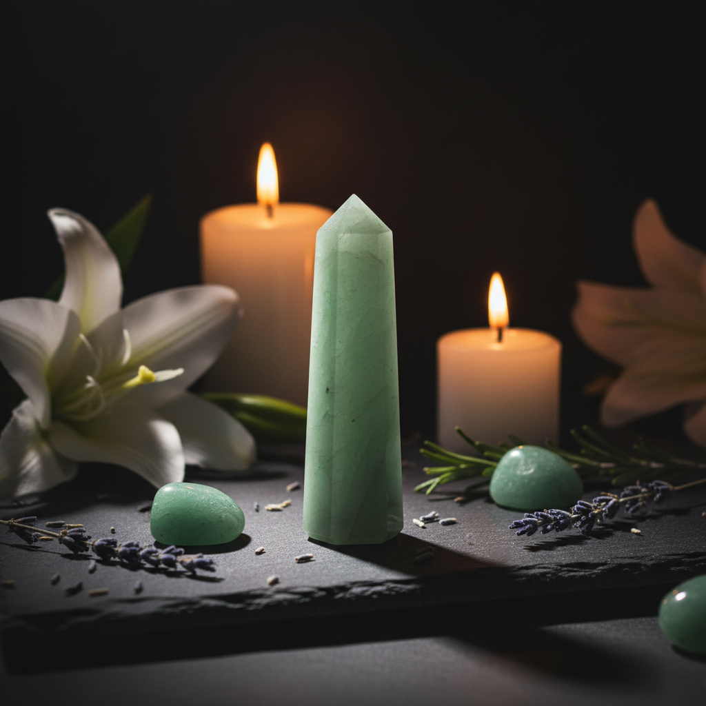 Single green aventurine crystal tower with white flowers, candle and tumbled stones in warm candlelight