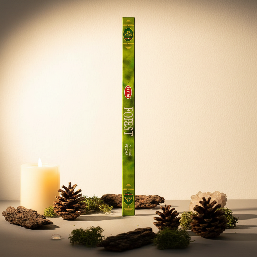 HEM Forest Incense hex box standing upright with pine cones, moss and crystals