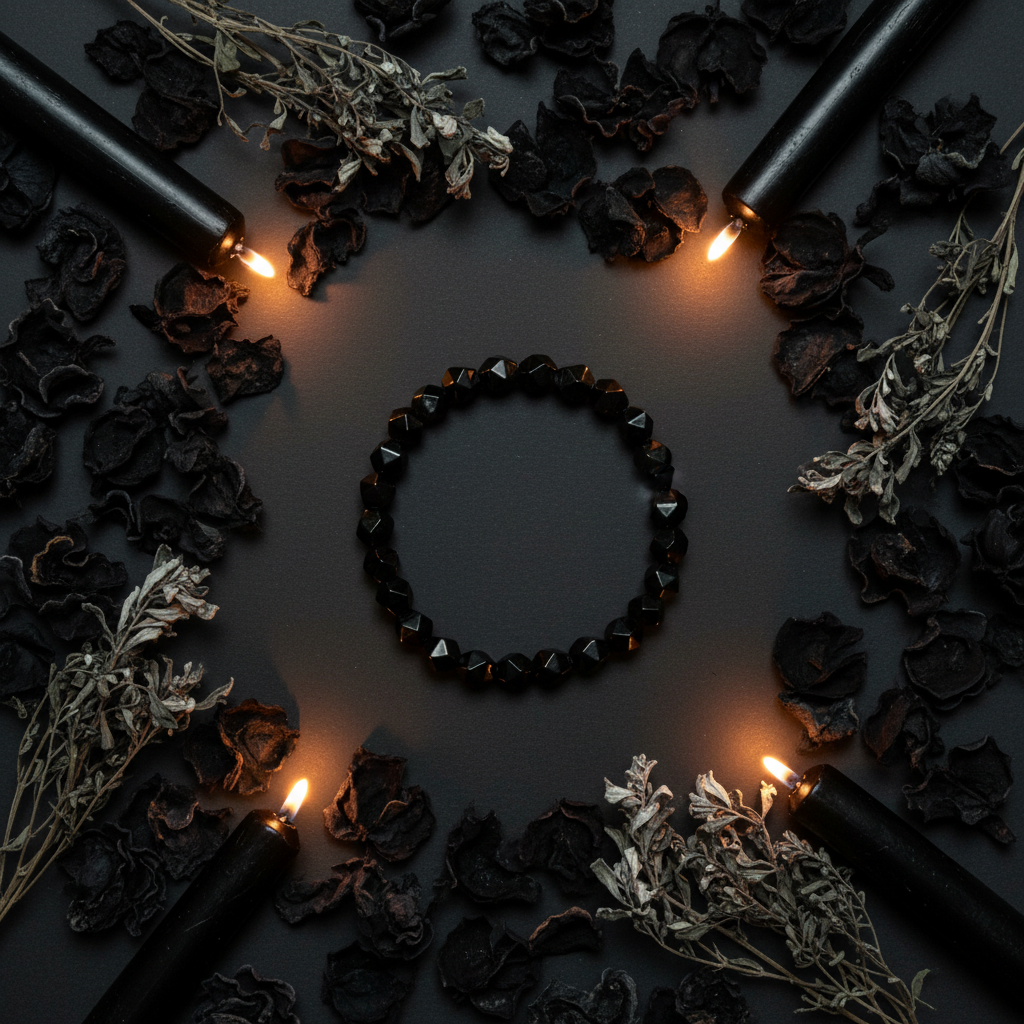 Black tourmaline icosahedron bracelet flat lay with dark botanicals, charcoal petals and black candles on dark charcoal background