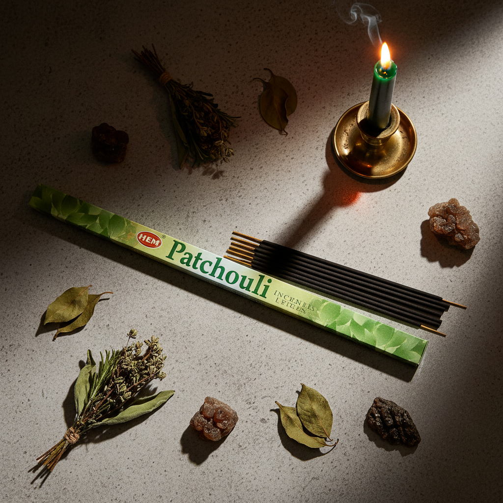 HEM Patchouli incense flat lay
