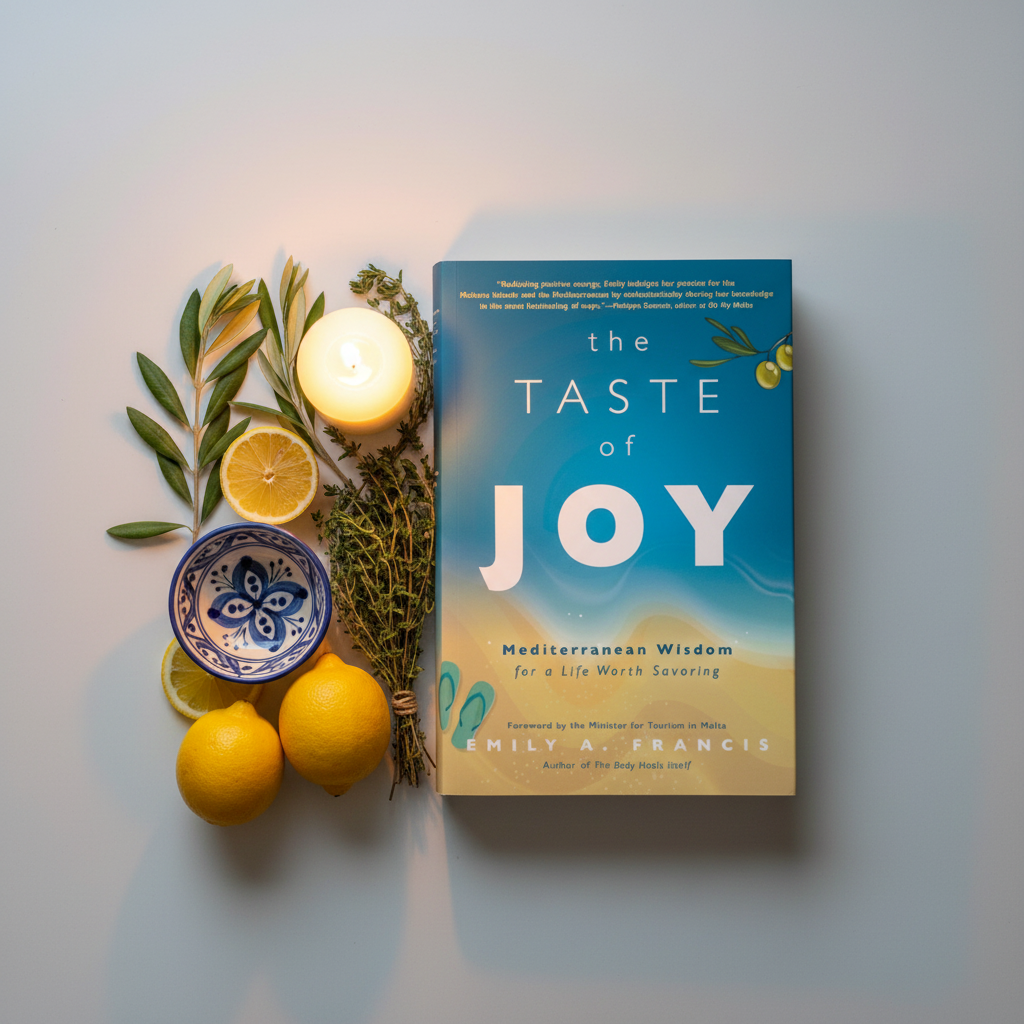 The Taste of Joy by Emily A. Francis - hero shot with olive branch and Mediterranean props on light grey background