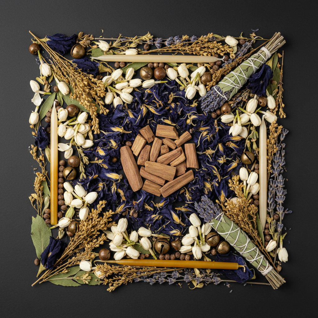 Spiritual flat lay with dried champa flowers, sandalwood, botanicals and cream candles on dark charcoal background