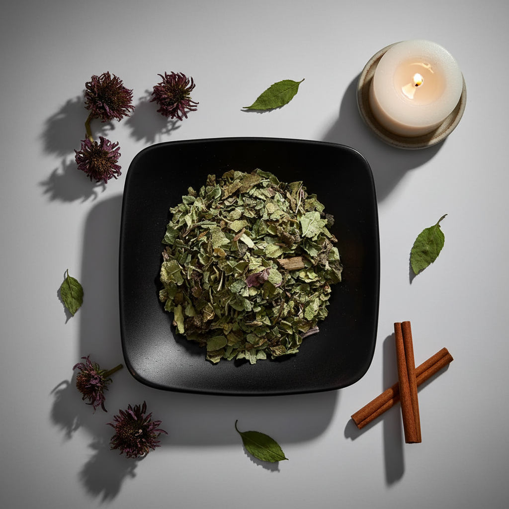 Echinacea flat lay top-down with black ceramic plate, flowers, cinnamon sticks and candle