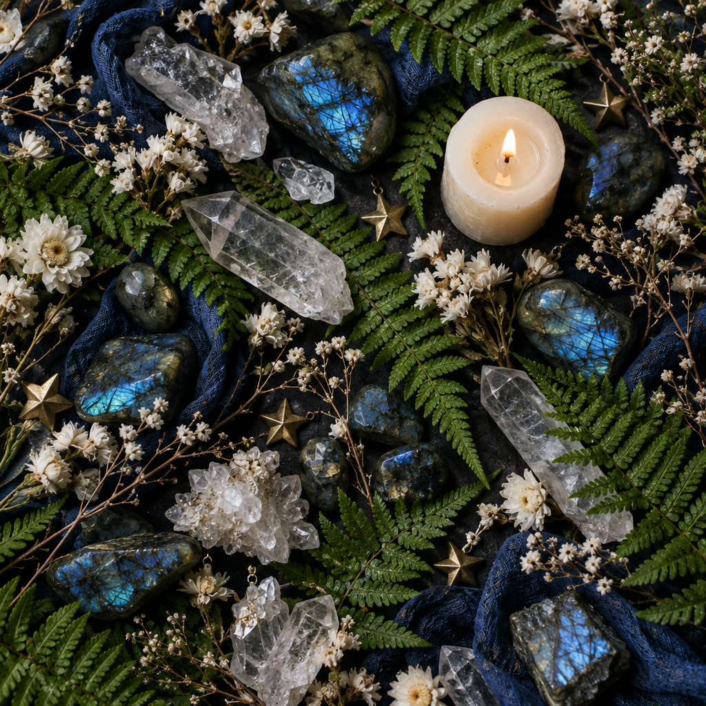 Props-only Higher Self Oracle flat lay with quartz, labradorite, ferns, brass stars and an ivory candle on charcoal